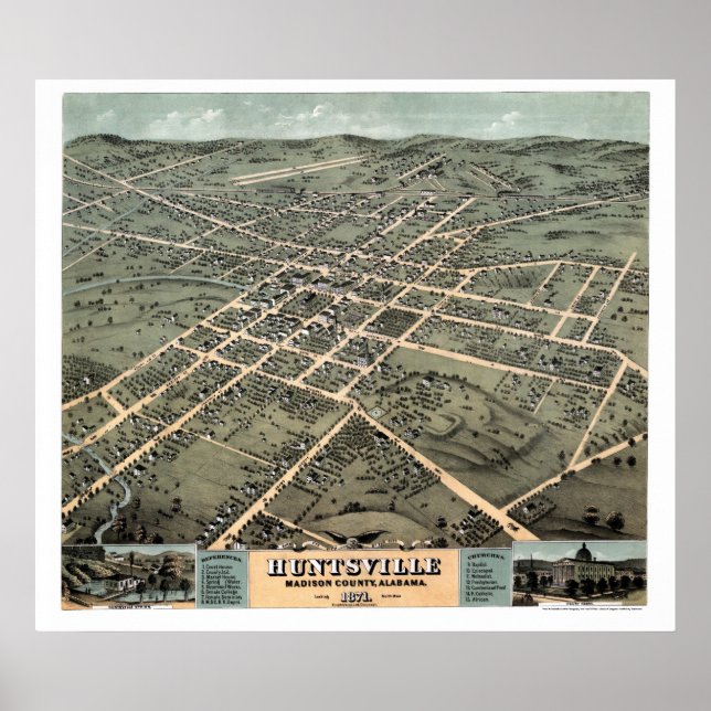 Huntsville, AL Panoramic Karta - 1871 Poster (Framsidan)