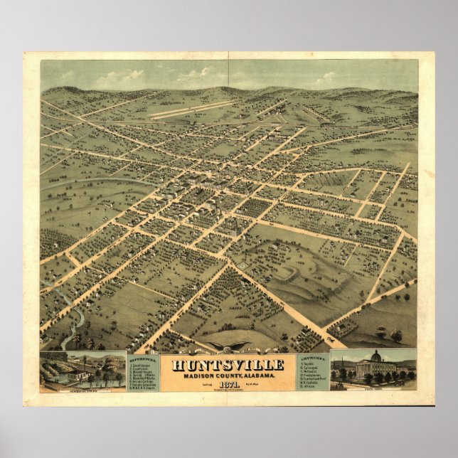 Huntsville Alabama 1871 Antique Panoramic Karta Poster (Framsidan)