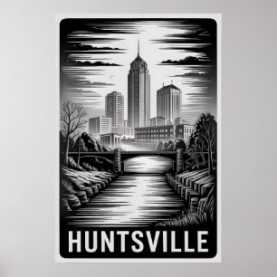 Huntsville Alabama Siluett Svart Vitt Träsnitt Poster