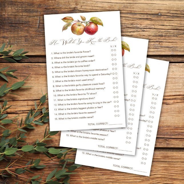 Hur bra vet du att det är att få bort äpplen? (How well do you know the bride apple fall bridal shower game card bridal shower games)