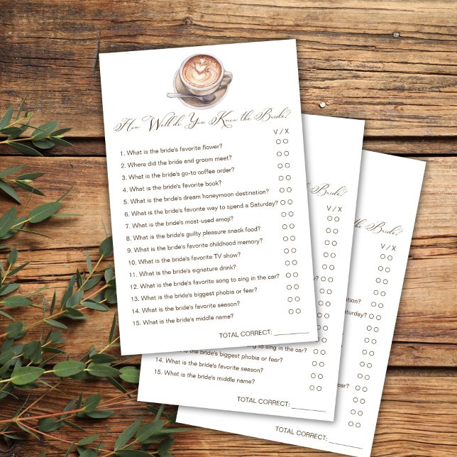Hur bra vet du om kaffeduschspelet? (How well do you know the bride love is brewing cappuccino coffee fall shower games cards)