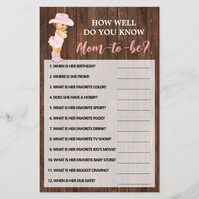 Hur bra vet du om Mamma Cowgirl Shower Game Card? Flygblad (Framsidan)