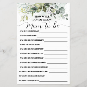 Hur bra vet du om Mamma Greenery Shower Game Card? Flygblad