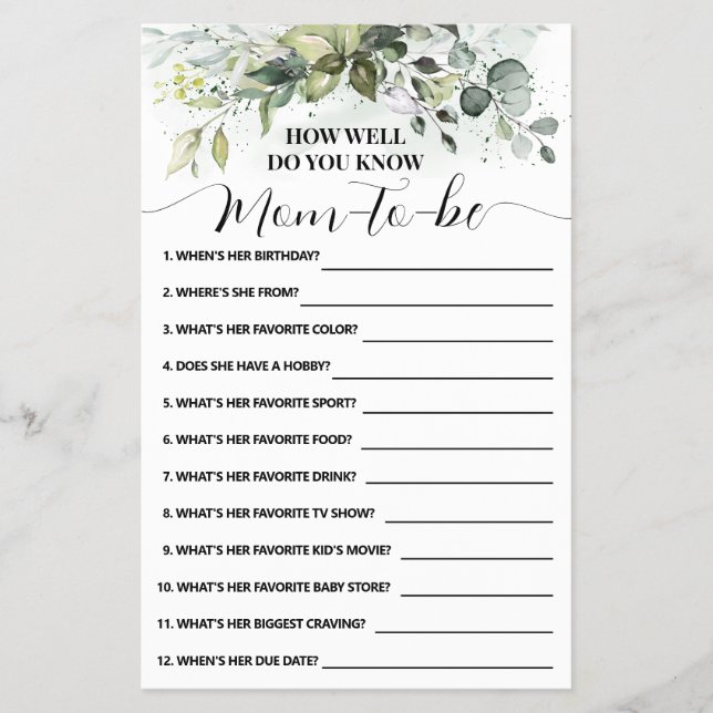 Hur bra vet du om Mamma Greenery Shower Game Card? Flygblad (Framsidan)