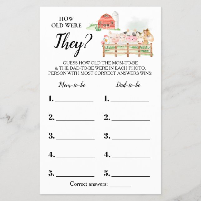 Hur gamla var de Farm Baby Shower Game Card Flygblad (Framsidan)
