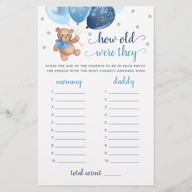 Hur gamla var de? Game Baby Shower Teddybjörn  (Framsida)