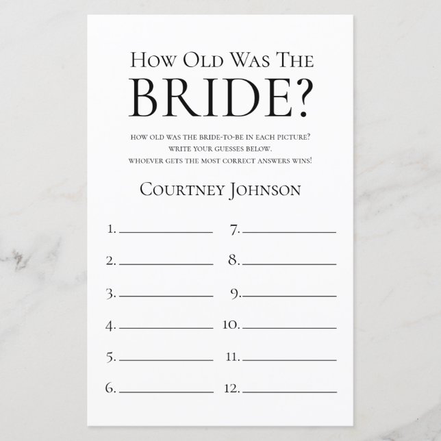 Hur gammal var bruden Bridal Shower Game (Framsida)