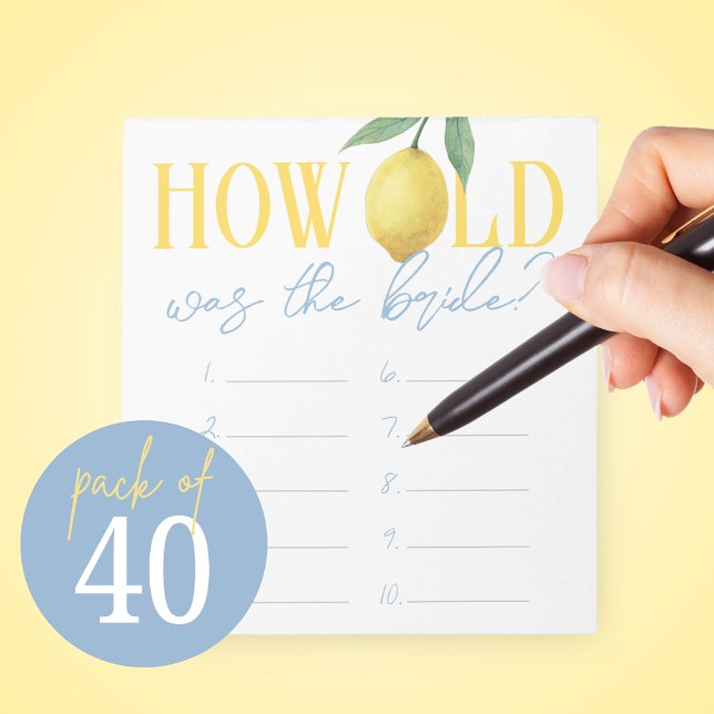 Hur gammal var bruden spel svar blad anteckningsblock (How Old Was the Bride Pack of 40 Watercolor Lemon Game Answer Sheets)