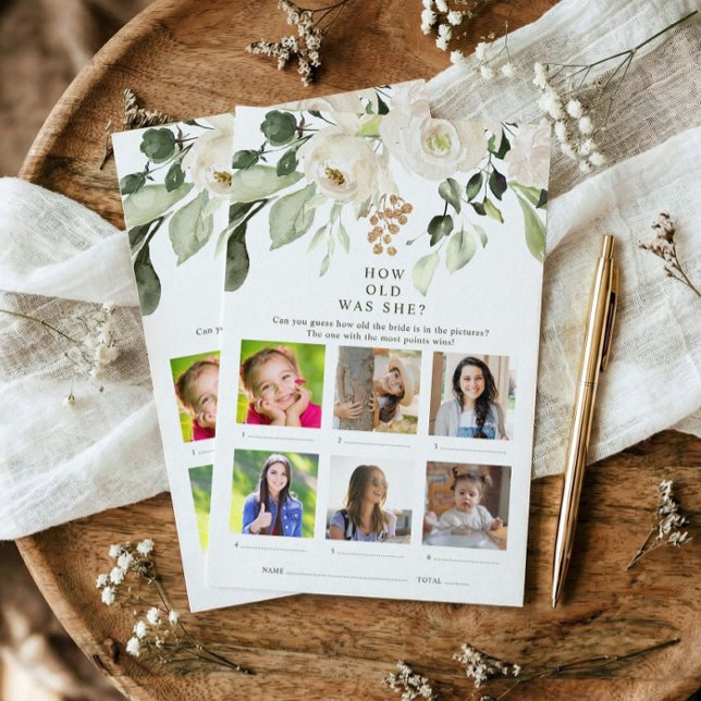 Hur gammal var hennes Möhippa för fotoBlommigt? (Printed bridal shower game - photo how old was she? White floral watercolor greenery design.)