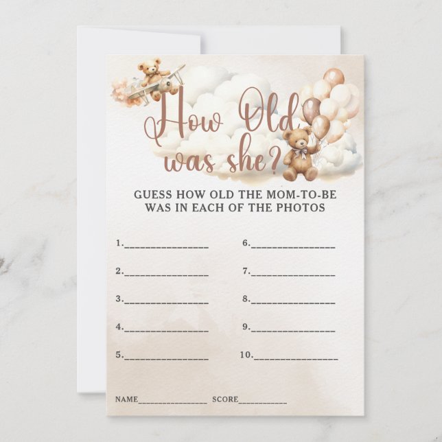 HUR GAMMAL VAR HON Baby Shower Game Cute Bear? Inbjudningar (Framsida)