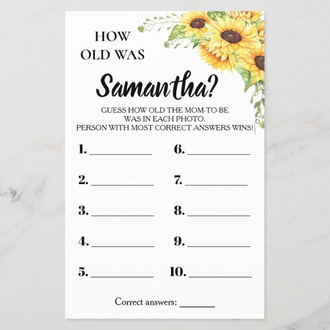 Hur gammal var hon Babydusdusch tvåspråkigt spelko Flygblad (Framsidan)