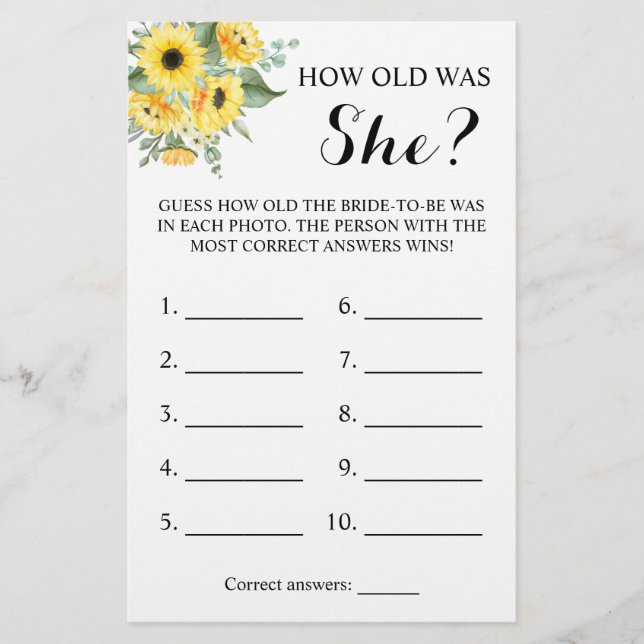 Hur gammal var hon? Greenery Sunflower Game Card Flygblad (Framsidan)