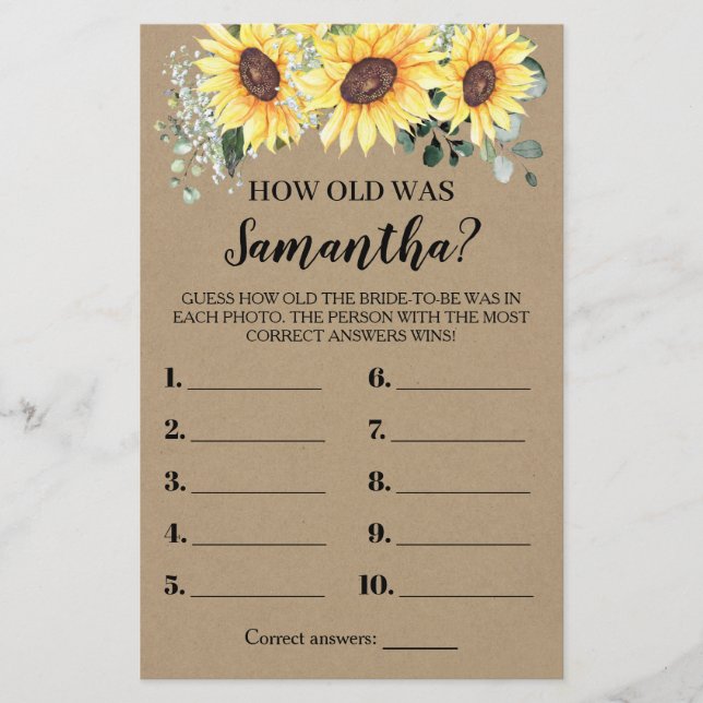Hur gammal var hon Greenery Sunflowers spelkort Flygblad (Framsidan)