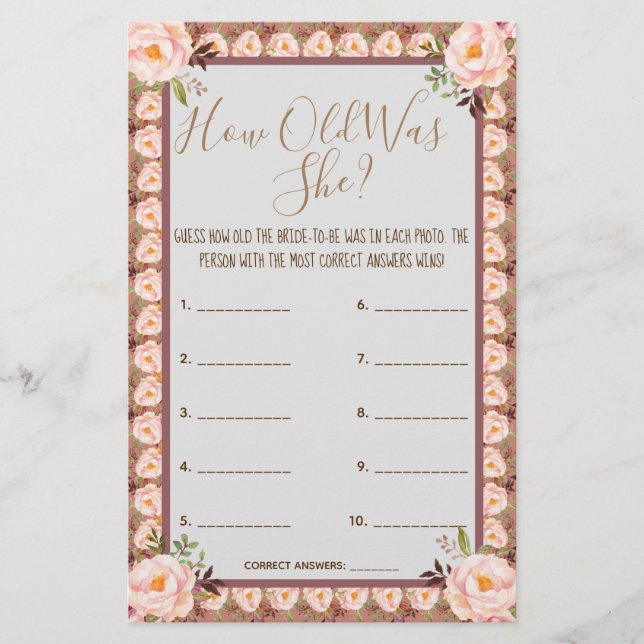 Hur gammal var hon? Rosa Blommigt Ram-spelkort Flygblad (Framsidan)