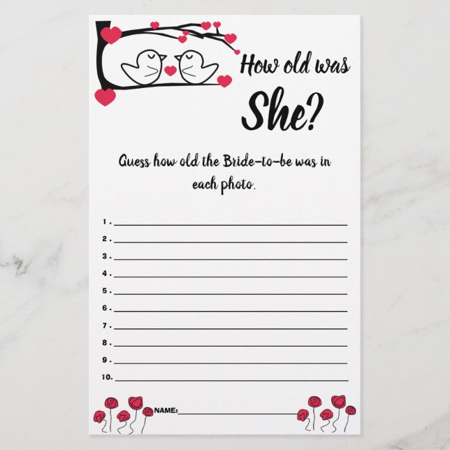 Hur gammal var hon? Spelkort Love Bird Flygblad (Framsidan)