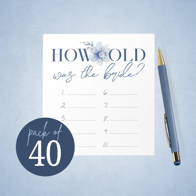 Hur gammalt var Bride Game-svaret Lakan? Anteckningsblock (Blue Watercolor Floral How Old Was the Bride Bridal Shower Game Answer Sheets - Pack of 40 Games)