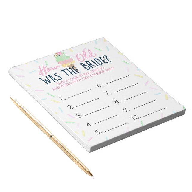 Hur gammalt var Bride Ice Cream Game-svaret Lakan? Anteckningsblock (How Old Was The Bride Ice Cream Game Answer Sheet Notepad)