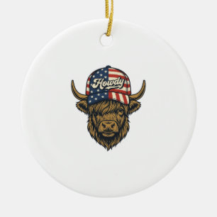 Hur Highland Cow Patriotisk Vintage Western Desig Julgransprydnad Keramik