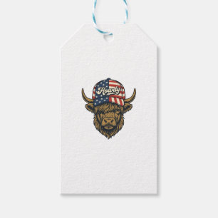 Hur Highland Cow Patriotisk Vintage Western Desig Presentetikett