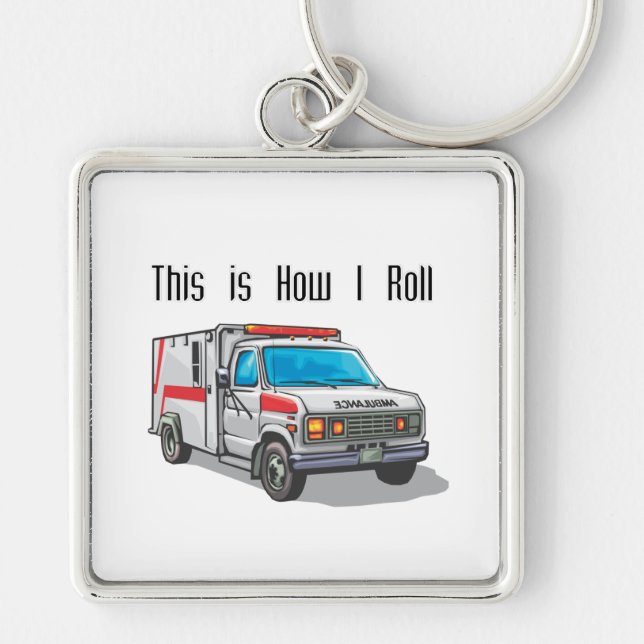 Hur jag rullar Ambulance Fyrkantig Silverfärgad Nyckelring (Framsidan)
