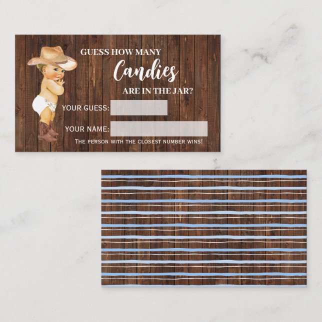 Hur många Candies Cowboy Baby Shower Game Card Placeringskort (Fram/baksida)