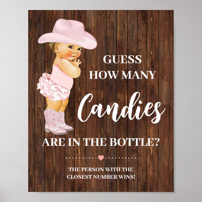Hur många Candies Cowgirl Baby Shower Game Sign Poster (Framsidan)