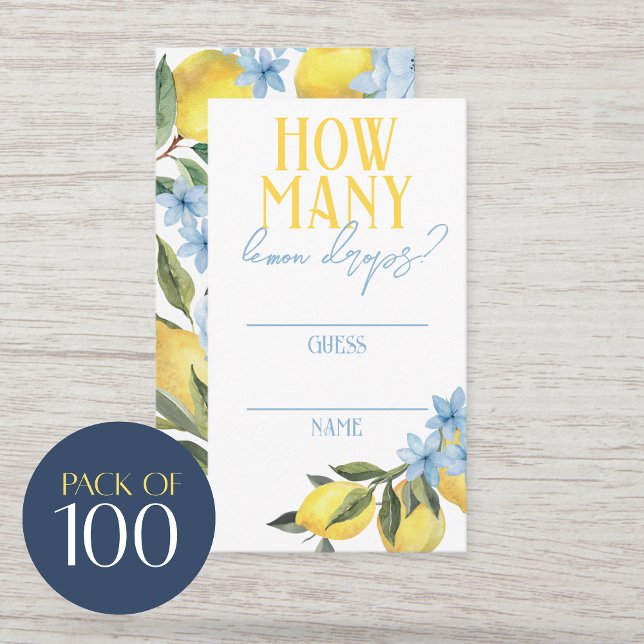 Hur Många Citron Drop Party Game Gissningskort Visitkort (100 How Many Lemon Drops Game Guess Cards. For Main Squeeze bridal shower / Little Lemon baby shower)