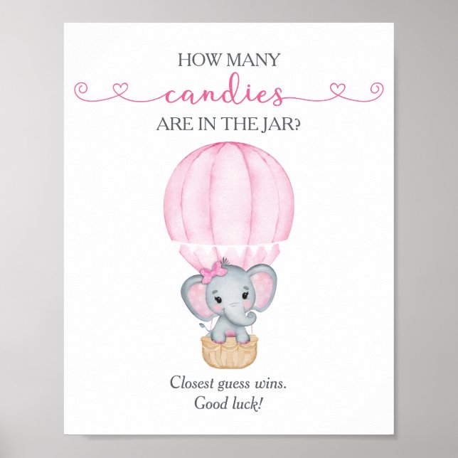 Hur Många Godisar Rosa Elefant Baby Shower Spel Poster (Framsidan)