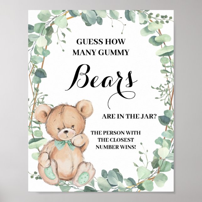Hur många gummy Bears Greenery Baby Shower Game Poster (Framsidan)