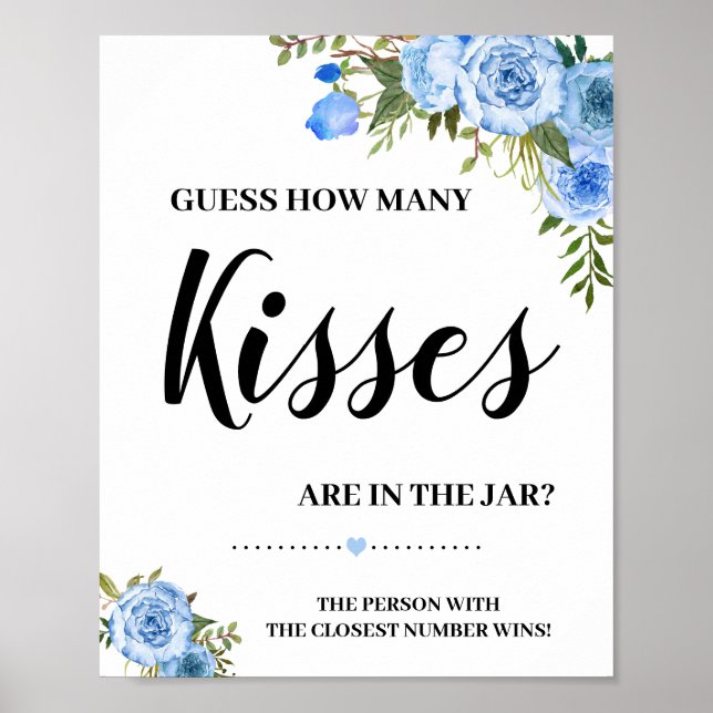 Hur många Kisses Bröllopsduschspel Blå blommor Poster (Framsidan)