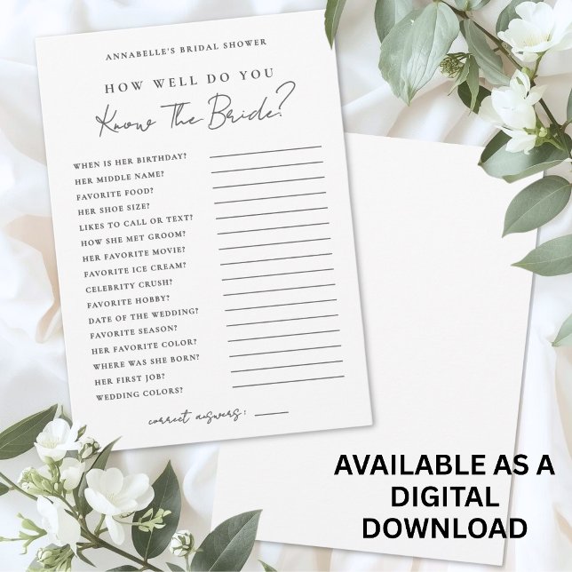 Hur Mycket Känner Du Bruden Bröllopsfest Lek Inbjudningar (How Well Do You Know The Bride Bridal Shower Game Invitation)