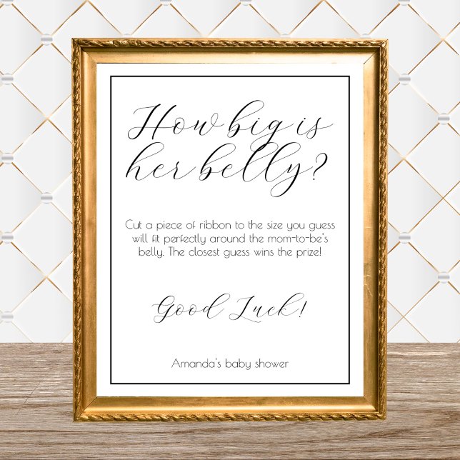 Hur stort är hennes minimalistiska babystöld? poster (how big is her belly baby shower game guess mom's belly size measure mommy's tummy size game)