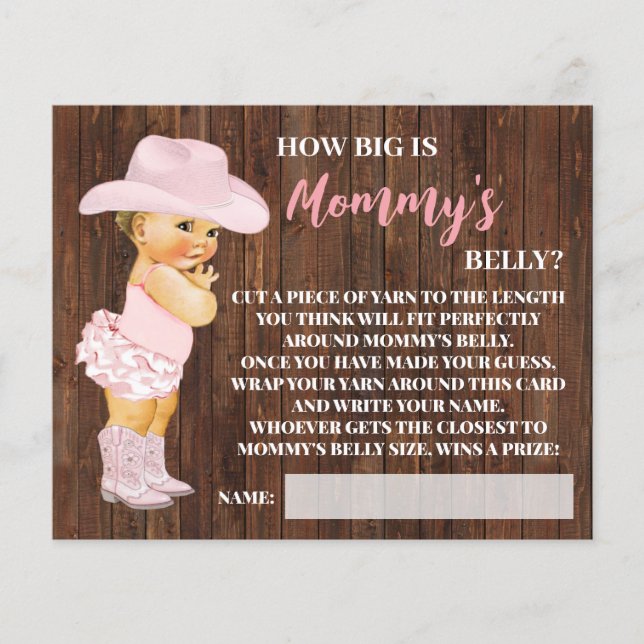 Hur stort är Mamma Belly Cowgirl Shower Game Card? Flygblad (Framsidan)