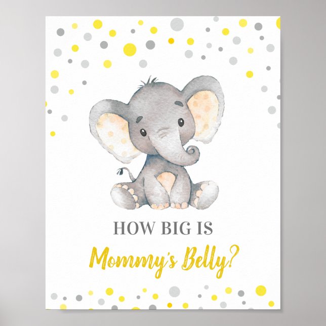 Hur stort är Mamma Belly Elephant Baby Shower Game Poster (Framsidan)