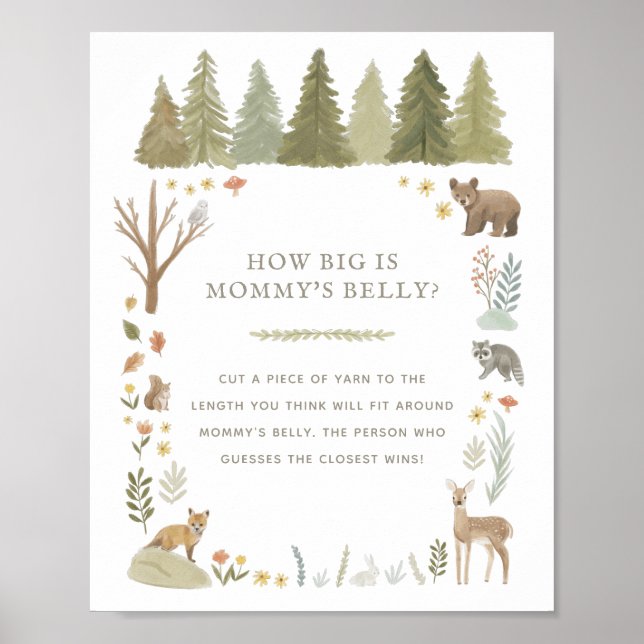 Hur stort är Mamma Belly Woodland Baby Shower Game Poster (Framsidan)