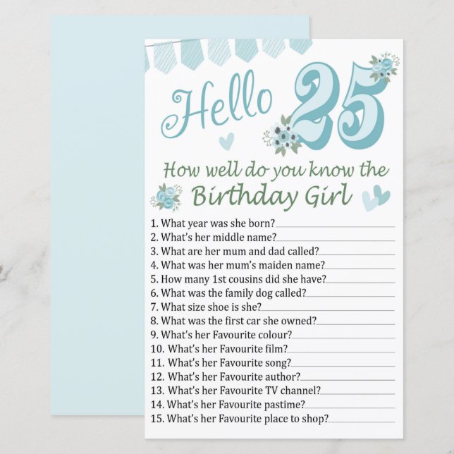 Hur väl känner du födelsedagsflickan 25:e (Fram/baksida)