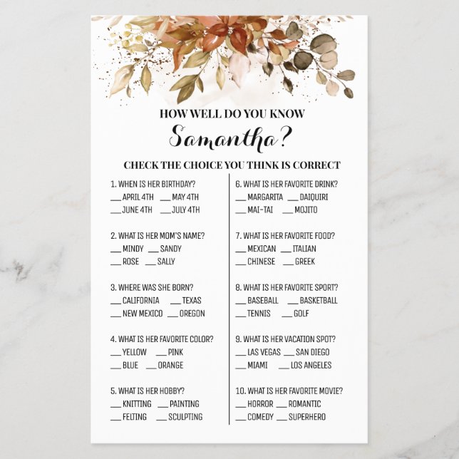 Hur väl känner du till Bride Fall Shower-spelkorte Flygblad (Framsidan)