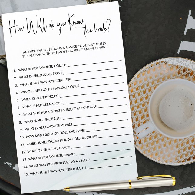 Hur väl känner du till Bröllopsdusch Quizspel (Bridal shower game to see who knows the bride the best)