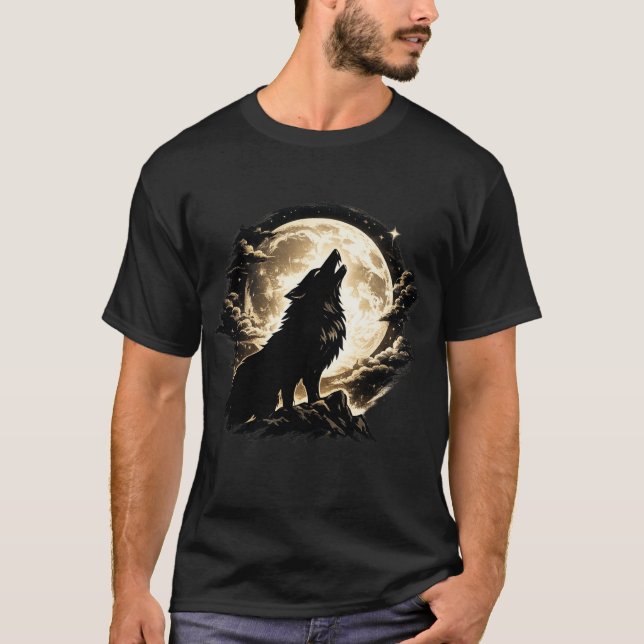 Hurande varg under fullmåne Mystisk naturdesign T Shirt (Framsida)