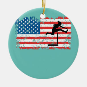 Hurdler Woman Girl Female American Flagga Hurdles Julgransprydnad Keramik