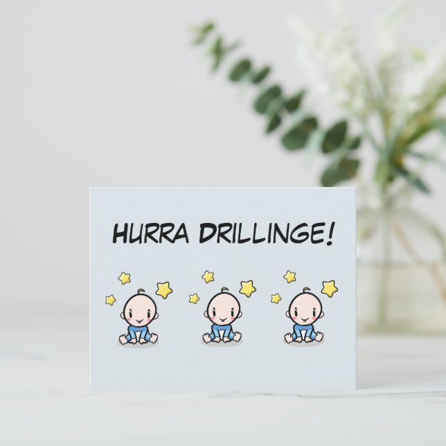 Hurra Drillinge, Glückwunsch Geburt, 3 Jungs,   Vykort (Stående Fram)