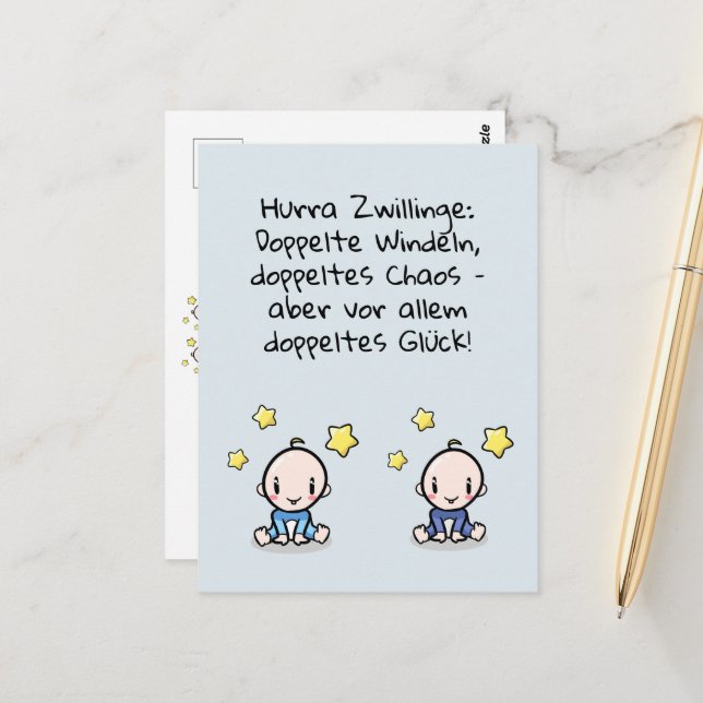 Hurra Zwillinge, Glückwunsch Geburt, 2 Jungs Vykort (Fram/Back In Situ)