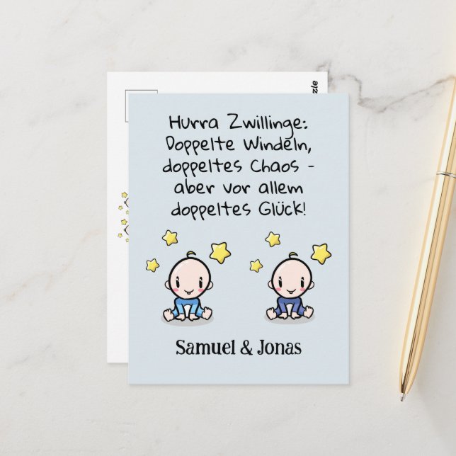 Hurra Zwillinge, Glückwunsch Geburt, mit Namen,   Vykort (Fram/Back In Situ)
