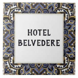 Hus- eller hotellnamnskylt i blå guld kakelplatta