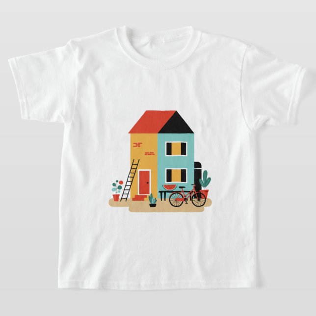 Hus med rött och svart tak t shirt (Laydown)