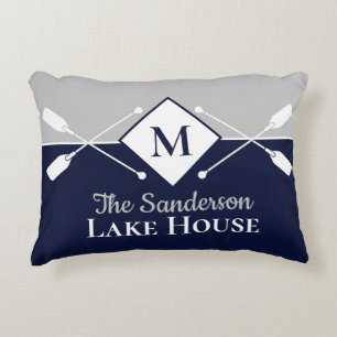 Hus Navy Blue Grått Monogram Paddle Sjö Prydnadskudde