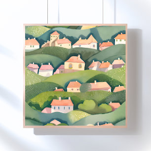 Hus på kullen Natur Akvarell Ljus Schablon Poster