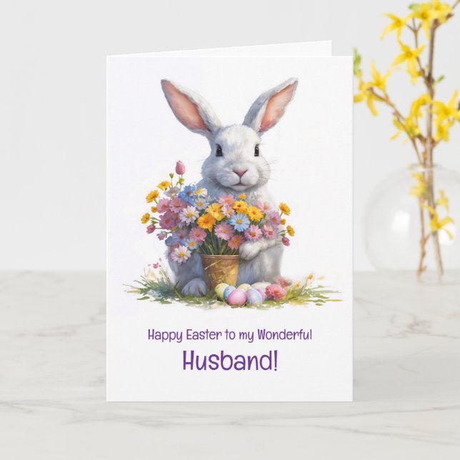 Husband Happy Easter with Cute Bunny Kort (Gul blomma)