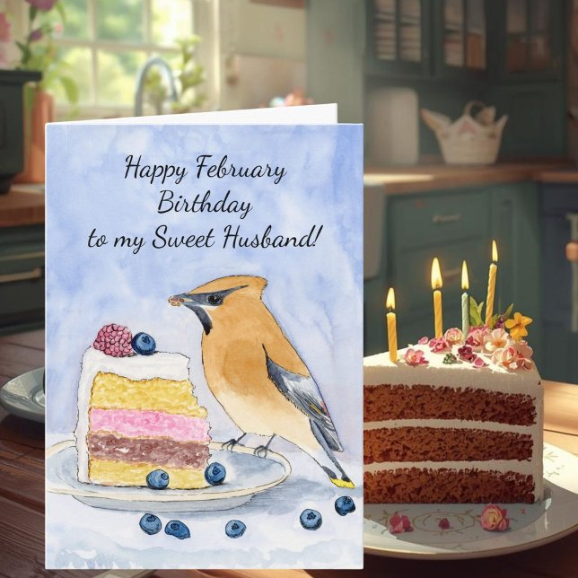 Husband Happy February Birthday Cedar Waxwing Cake Kort (Skapare uppladdad)