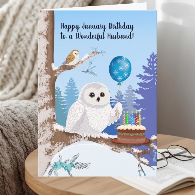 Husband Happy January Birthday Snowy Owl Kort (Skapare uppladdad)